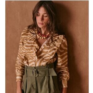 Sezane Jane Shirt Zebra Print FR 40 US 8 Organic Cotton Ruffle High Neck Cottage